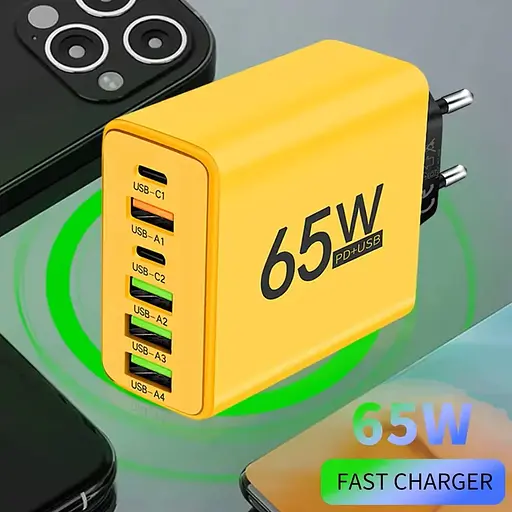 Сетевое зарядное устройство Charger 65 Вт 4-USB + 2-Type-C адаптер для зарядки Yеllow - фото 2