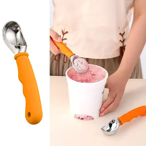 Ложка із силіконовою ручкою для морозива, бісквітного тіста, замороженого йогурту 18 см, Kitchen Master Помаранчевий 85635 - фото 3