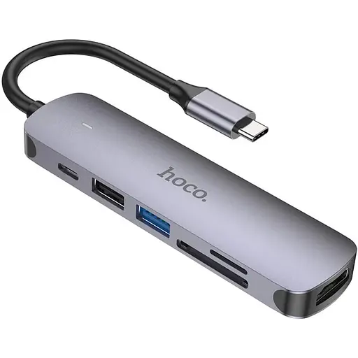 Мульти адаптер хаб Hoco HB28 6в1 Type-C to USB 3.0 F / USB 2.0 F / HDMI F / Type-C F / SD / TF PD 100W 0.135 м серый
