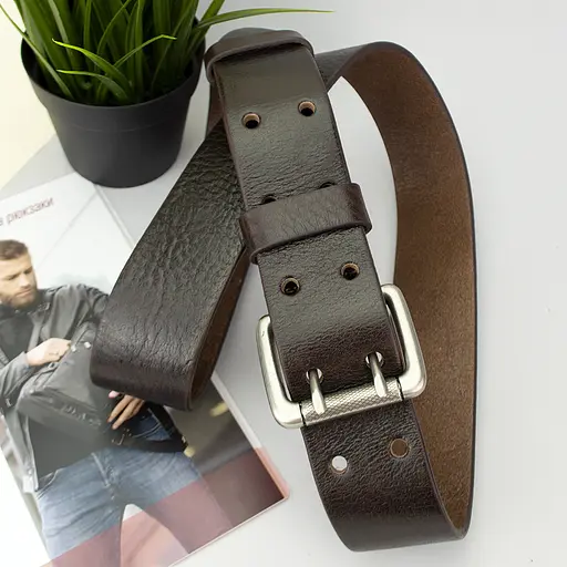 Ремень мужской кожаный JK-4561 широкий коричневый двухшпеньковый (120 см) - фото 7