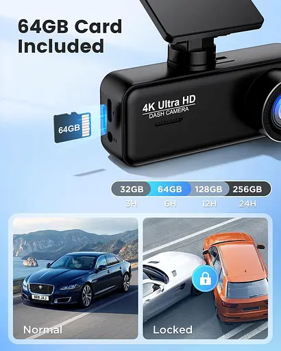 Видеорегистратор спереди и сзади 4K+1080P с WiFi и приложением, двойная автомобильная камера, карта на 64 ГБ в комплекте - фото 6