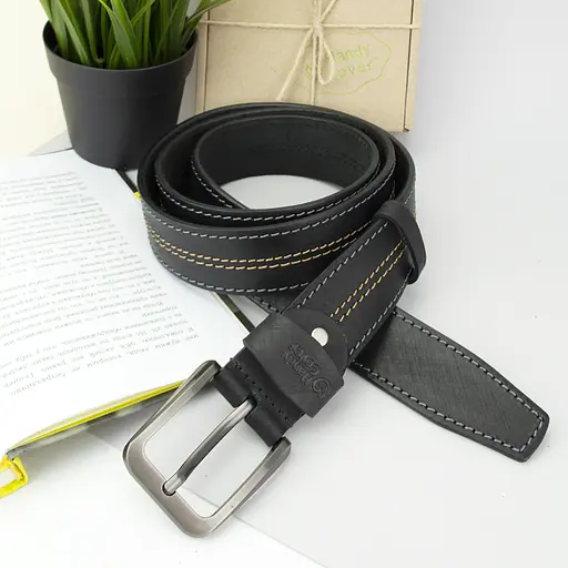 Ремень мужской кожаный черный SF-4001 (125 см) винтажный со строчкой - фото 3