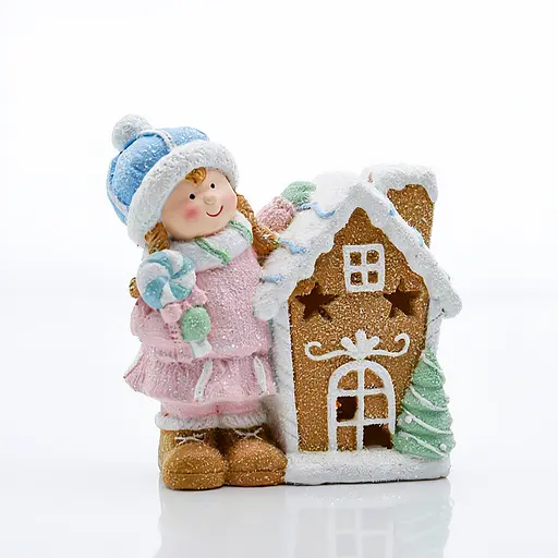 Новорічна декоративна фігурка Дівчинка з пряниковим будиночком Yiwu CR-6-4 з підсвічуванням з порцеляни 15 × 8 × 16 см  - фото 2