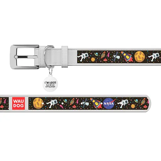 Ошейник для собак кожаный Waudog Design с QR-паспортом "NASA" XL Ш 35 мм Д 46-59 см белый - фото 3