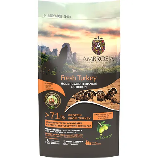 Сухой корм Ambrosia Mediterranean для пожилых, кастрированных собак всех пород с контролем веса с индейкой 100 г