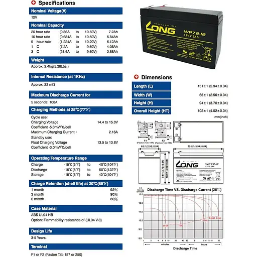Акумуляторна батарея для ДБЖ Long 12 V / 7.2 А*ч (WP7.2-12(28W)) - фото 3