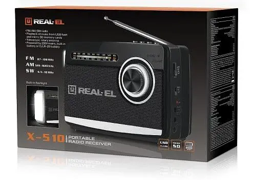 Радіоприймач 1.0 Real-El X-510 Black, 3 Вт, пластиковий корпус, FM/AM/SW, USB, SD/microSD, акумулятор, ліхтарик - фото 4