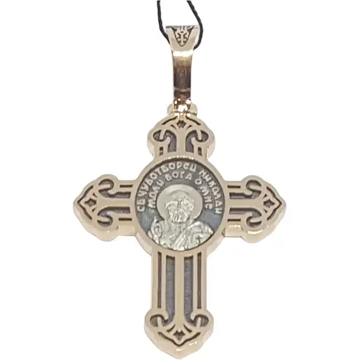 Золотий хрестик Харківська ювелірна фабрика. Микола Чудотворець/Розп'яття Христа. 11582-Ч