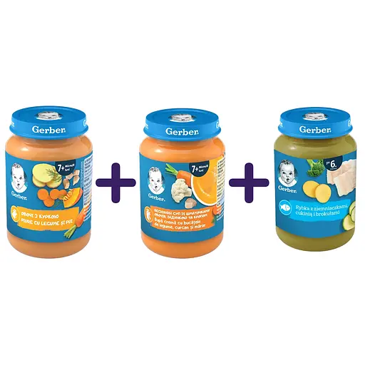 Набір пюре Gerber : овоче - м'ясне від 7 міс зі шматочками Овочі з куркою 190 г + овоче-м'ясне  від 7місюВесняний суп зі шматочками овочів, індичкою та кропом  190 г +  рибно-овочеве від 6 міс  Риба з картоплею, цукіні та броколі  190 г - фото 1