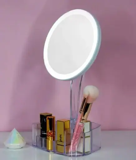 Косметичне настільне кругле дзеркало Cosmetic Mirror HH098 26 LED на підставці з підсвіткою біле - фото 3