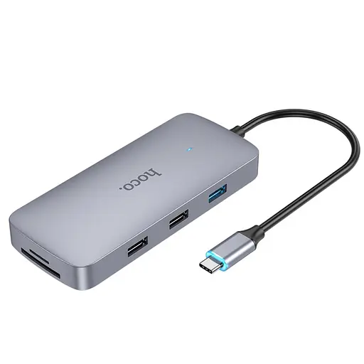 Мульти адаптер хаб Hoco HB33 10в1 Type-C to USB 3.0/ 2 USB 2.0/ Type-C/ HDMI/ VGA/ RJ45/ AUX/ SD/ TF PD 100W 0.18m сірий - фото 3