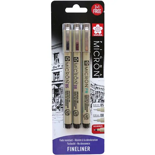 Набір лінерів Pigma Micron 2 шт (0.5/0.8) +1 ручка Micron PN в подарунок Чорний Sakura - фото 1