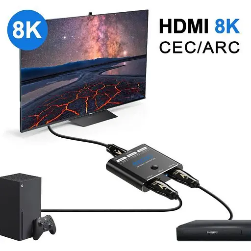 HDMI-переключатель 8K60 Гц 2 входа 1 выход, 4K120 Гц 2X1 с кнопочным переключателем, поддерживает 48 Гбит/с, CEC, ARC - фото 3