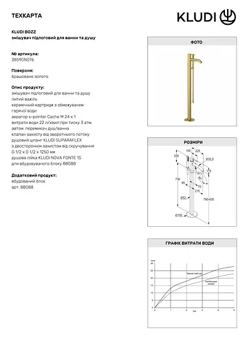 Напольный смеситель для ванны Kludi Bozz золотой 38590N076 - фото 4