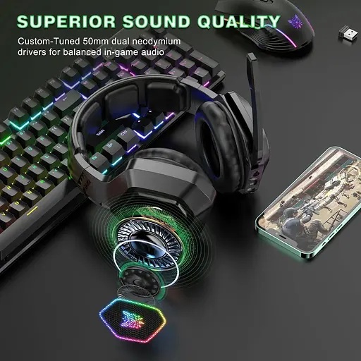 Геймерские игровые Bluetooth наушники Onikuma B100 с выдвижным микрофоном и LED подсветкой Black - фото 8
