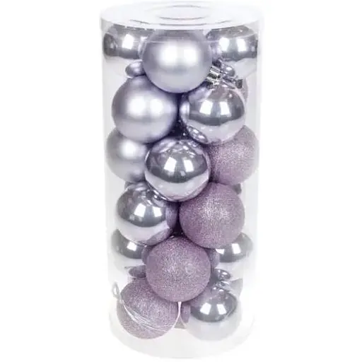 Набір святкових ялинкових куль діаметром 6 см ніжно-лілового кольору 24 шт глянцеві глітер і матові - фото 1