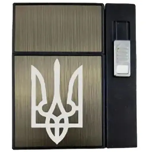 Портсигар на 20 сигарет із двома запальничками HL-424 Black Brown, Герб (16374)