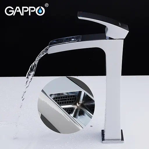 G1007-31 Змішувач для умивальника високий водоспад гайка білий/хром Ø25 Gappo Jacob 1/8, Білий - фото 5