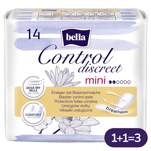 Прокладки урологические Bella Control Discreet Mini 1+1=3 42 шт. (3 уп. х 14 шт.) - фото 1