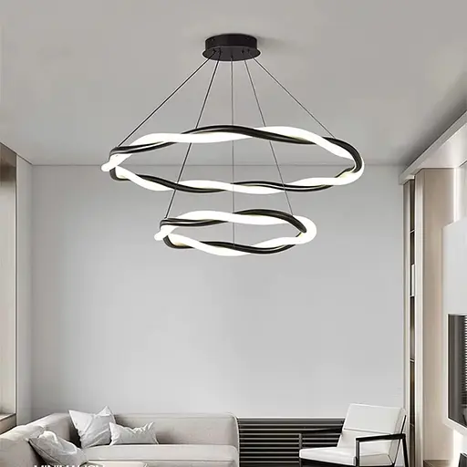 Люстра с двумя черными кольцами и оплетенным неоном Ø 80+60 см | Ст. JU 25-600+800 BK | Line F - фото 4