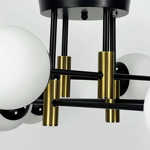 Стельова чорна люстра з латунною фурнітурою на 8 білих плафонів Ø 80 см | Line F | Арт. 81188/8 CP+BK+WT - фото 2