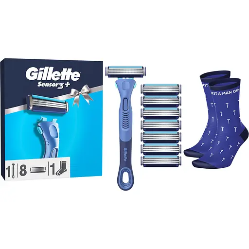 Подарочный набор Gillette: станок для бритья мужской Gillette Sensor3+ Comfort с 8 сменными картриджами + носки