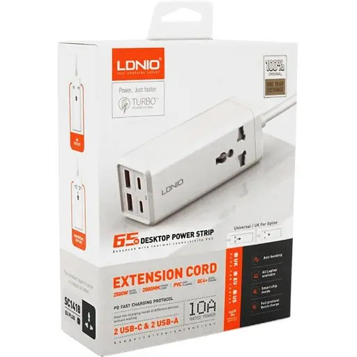 Сетевой фильтр LDNIO SС1418, 1 Розетка + 2 USB +2 Type-C, 2 м, сечение 3х0.75 мм, White, Box - фото 3