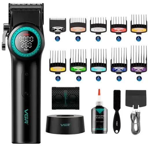 Акумуляторна машинка для стрижки VGR V-001, 10 насадок, 9000 RPM, АКБ 4600 mAh, LED дисплей
