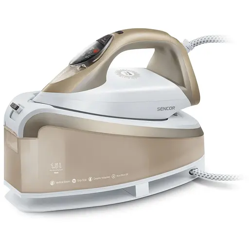 Sencor Праска-парогенератор, 2400Вт, 1500мл, паровий удар -395гр, постійна пара - 130гр, Anti-calc, керам. підошва, біло-золотий - фото 1