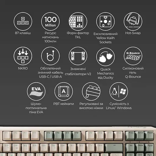 Клавиатура Ducky One 3 TKL Cherry MX Red Matcha Cream UA (DKON2187-RUAPXMEGGC1) - фото 7