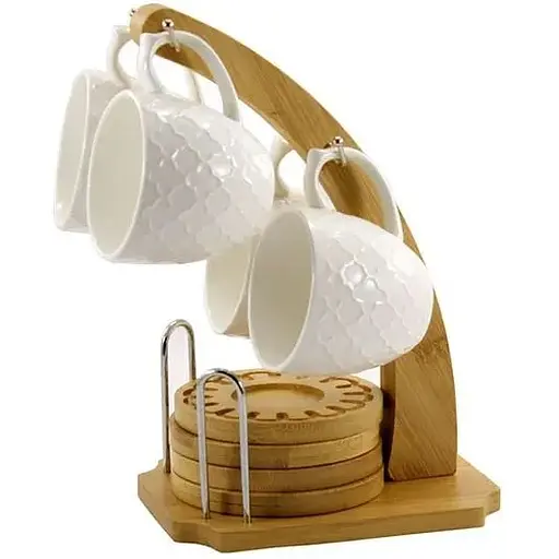 Набір чашок Interos порцелянові 4 штуки на бамбуковій підставці 160 мл PJ02622 A