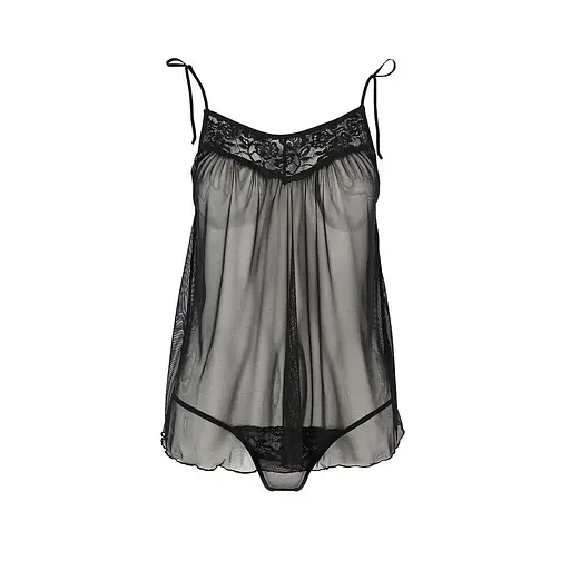 Сорочка прозрачная беби долл MELANIA CHEMISE black - Passion трусики на тонких бретелях L/XL - фото 3
