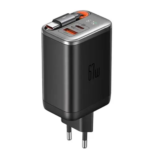Мережевий зарядний пристрій McDodo 67W 1C+1A Digital Display GaN Charger Built-in 65cm retractable USB-C Cable(EU) Чорний - фото 1