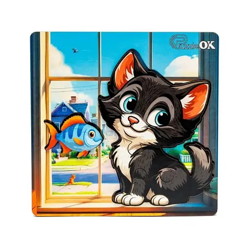 Дерев'яний пазл-вкладиш "Допитливий котик" PuzzleOK Puz-88751 А6, 4 елементи - фото 1