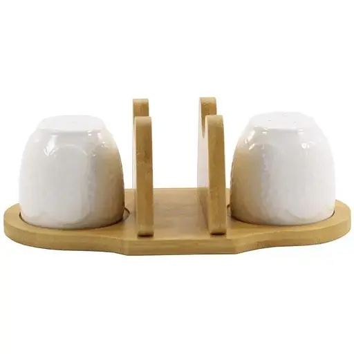 Набір для спецій Interos солянка+перечниця+серветниця на деревяній підставці порцелянові PJ02073