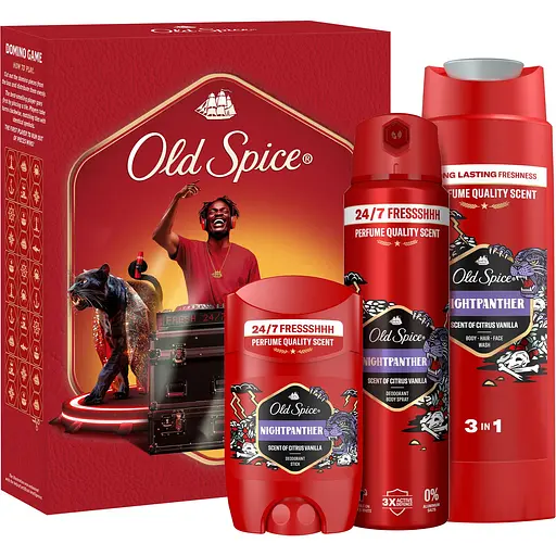 Подарунковий набір Old Spice DJ Night Panther: аерозольний дезодорант 150 мл + дезодорант-стік 50 мл + гель для душу 3-в-1, 250 мл + гра Доміно