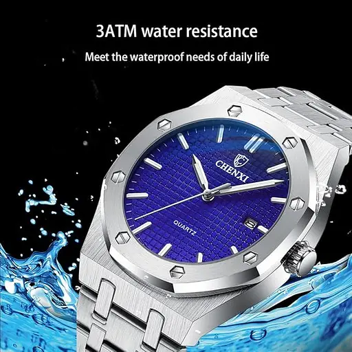 Мужские наручные часы Tiong Нержавеющая сталь Дата Водонепроницаемые аналоговые кварцевые часы Серебристо-голубые часы - фото 3