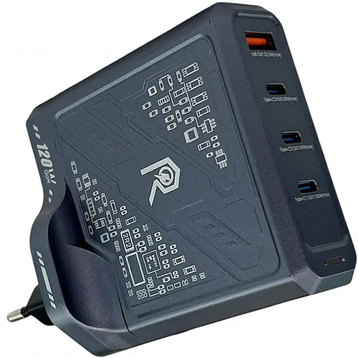 Зарядный адаптер Remax Mecha Warrior 1A+3C RP-U107 быстрая зарядка GaN 120W 3xType-C + 1xUSB-A Черный - фото 3