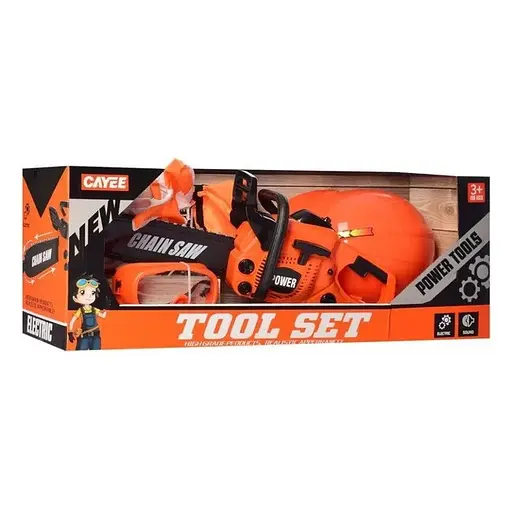 Дитячий ігровий набір інструментів Keyi бензопила, маска, рукавички, каска, на батарейках в коробці Помаранчевий - фото 5