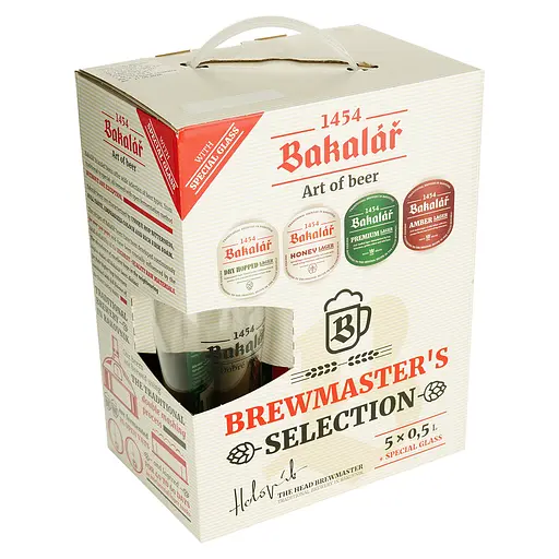 Набор: пиво Bakalar Honey lager 0.5+ Bakalar Dry hopped lager 0.5 л + Bakalar amber lager 0.5 л + Bakalar premium (2 шт. х 0.5 л = 1 л) + бокал 0.3 л