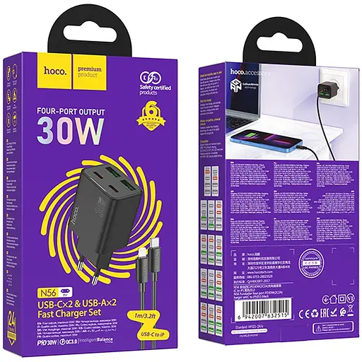 СЗУ Hoco N56 Fundador PD30W four-port (2USB-A/2C) + кабель Type-C to Lightning Black - фото 6