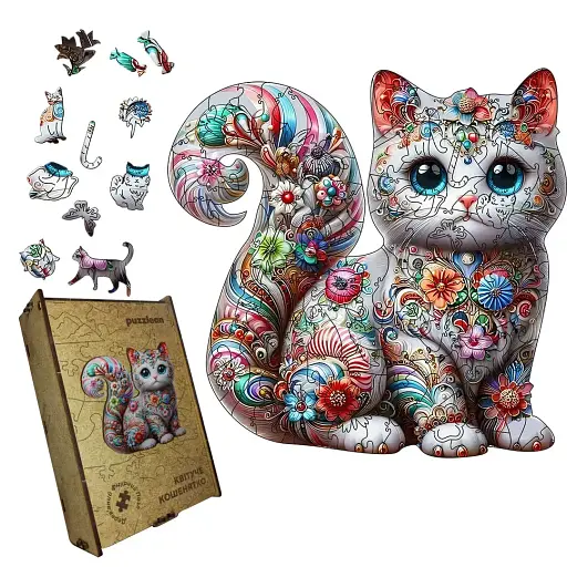 Пазл деревянный Цветущий Котенок, А4, 100 элементов, Картонная коробка