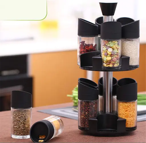 Набор из 12 стеклянных баночек для специй и приправ на вращающейся подставке 360 градусов, дозатор 3 режима Черный 88203 - фото 6
