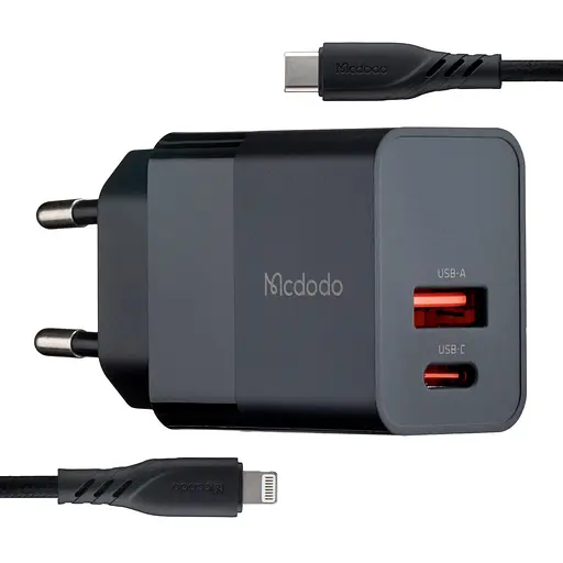 Сетевое зарядное устройство для McDodo Hydrogen Series 20W Charger with C to L 1.2m Cable Set ( EU plug ) CH-1952 Черный - фото 1