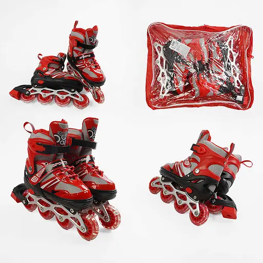 Роликові ковзани, розмір 34-38, PVC колеса, устілка 21-24 см, червоний, INLINE SKATE, 89208-M