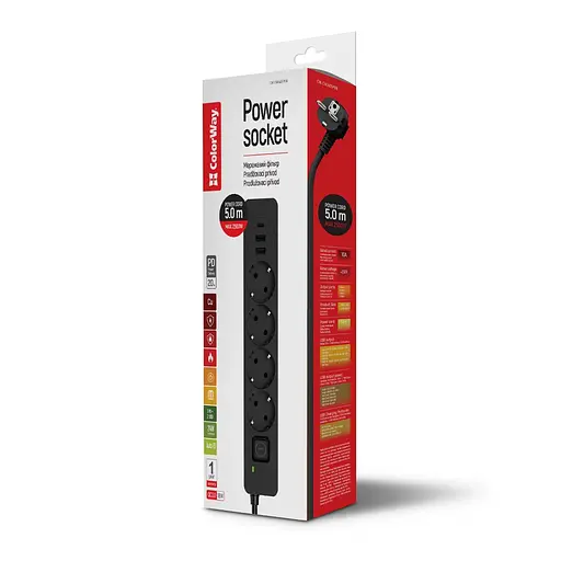 Мережевий фільтр-подовжувач СolorWay 4 розетки/3USB (2USB-A + 1 TYPE-C) (24W) Black 5 м (CW-CHE435PDB) - фото 11
