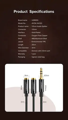 Аудио кабель-адаптер AUX Ugreen AV134 3.5 мм Male to 2 Female Audi Cable 25 см (20816) - фото 3
