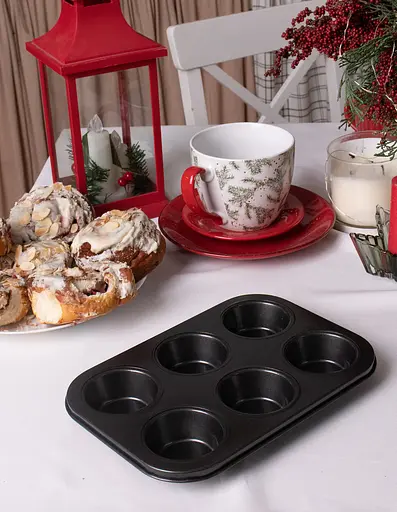 Форма для выпечки кексов, капкейков и маффинов на 6 ячеек с антипригарным покрытием 26.5х18.5х2.8 см, A-plus Черный 83128 - фото 2