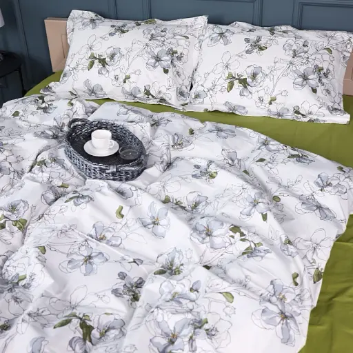 Простыня на резинке MirSon Поплин 00-1 Olive Flowers 90х200 см зеленая (2200009699269) - фото 2