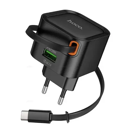 Зарядное устройство Hoco C154A Changer 20W с кабелем-рулеткой with telescopic cable (type-c) Черный - фото 1